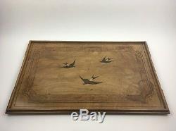 Antique 19th Century Italian Swallow Bird Inlay Marquetry Wood Serving Tray