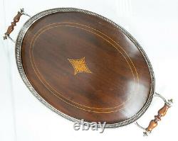 Antique American Silver Plate and Wood Serving Tray with Gallery Cocktails