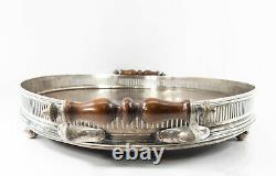 Antique American Silver Plate and Wood Serving Tray with Gallery Cocktails