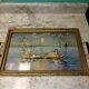 Antique Asian Silk Art Serving Tray Gold Wood Frame Old Rare Marygold Marigold