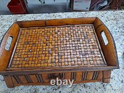 Antique Bamboo and Wood Serving Tea, Breakfast Tray with Drawer