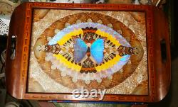 Antique Butterfly Wing Collectible Inlaid Wooden Serving Tray Vanity. Rare Gift