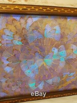 Antique Butterfly Wings Iridescent Blue Morpho Inlaid Wood Serving Tray 21x13