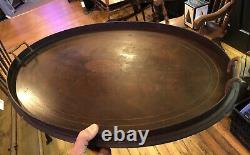 Antique COWAN SERVING TRAY MAHOGANY WOOD BRASS HANDLES VG COND 28x18 OVAL WOW