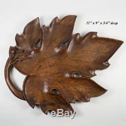 Antique Carved Wood Black Forest Serving Tray, 11 x 9 Carved Leaf