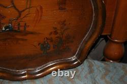 Antique Chinese Japanese Wood Serving Tray Woman Village Ship Trees Large