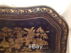 Antique Chinoiserie Black Lacquered Gold Gilt Paint Serving Tray Chinese Scene