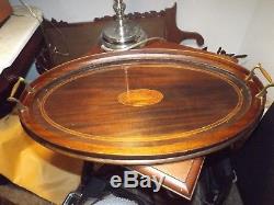 Antique Edwardian Inlaid Mahogany Oval Brass Handled Serving Platter Tray BEAUTY
