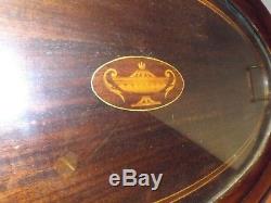Antique Edwardian Inlaid Mahogany Oval Brass Handled Serving Platter Tray BEAUTY