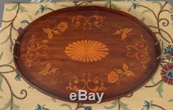 Antique Edwardian Mahogany Marquetry Inlaid Oval Serving Drinks Butlers Tray