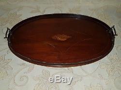 Antique Edwardian Oval Inlaid Mahogany Serving Tray With Brass Handles