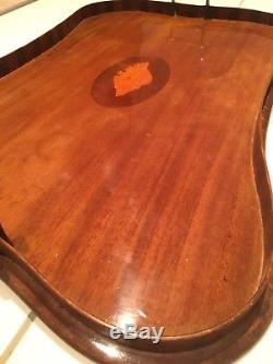 Antique Edwardian Serpentine Inlaid Mahogany Serving Tray With Brass Handles