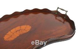 Antique Edwardian String Inlaid Wooden Kidney Shaped Butlers Serving Tray