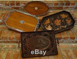 Antique English Carved Wood Serving Tray Coffee Tea Pyrography Poker Work Brass