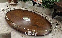 Antique English Oak OVAL Table Coffee Tea Serving Tray Silverplate Medallion