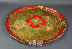 Antique Florentine Toleware Tole Wood Hand-painted Serving Tray Gold Red Mandala