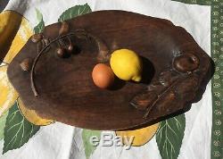Antique French hand carved Serving platter tray wood oval Cherries Fruit