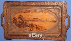 Antique Hand Made Pyrography Landscape Wood Serving Tray