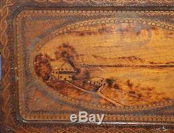 Antique Hand Made Pyrography Landscape Wood Serving Tray
