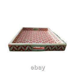Antique Handcrafted Bone Inlay Decorative Serving Tray Red Rectangle Tray