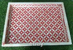 Antique Handcrafted Bone Inlay Decorative Serving Tray Red Rectangle Tray