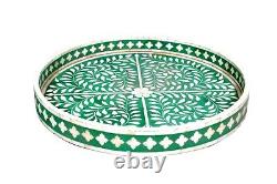Antique Indian Bone Inlay Green Round Tray Serving Tray Home Decor Coffee Tray