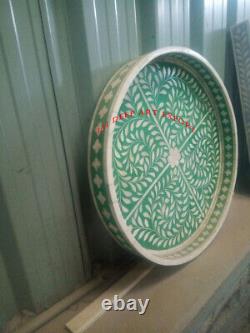 Antique Indian Bone Inlay Green Round Tray Serving Tray Home Decor Coffee Tray