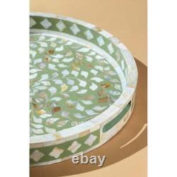 Antique Indian Handmade Mother of pearl Green Floral Round Tray
