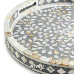 Antique Indian Handmade Mother of pearl Inlay Gray Round Serving Tray