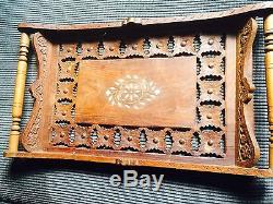 Antique Indian Inlaid Rose Wood Serving Tray Engraved Flower Patterns Unique