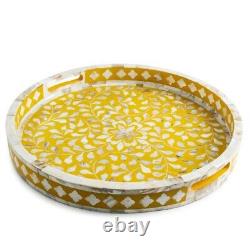 Antique Indian handmade Mother of pearl inlay Yellow Round Serving Tray