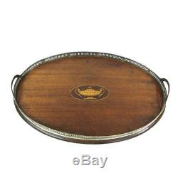 Antique Inlaid Wood & Sterling Silver 19 Oval Gallery Serving Tray