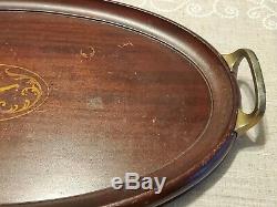 Antique Inlaid Wooden Serving Butler Tray with Handles