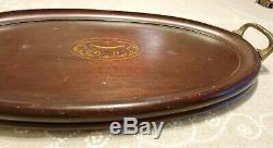 Antique Inlaid Wooden Serving Butler Tray with Handles