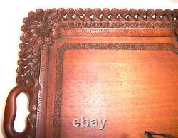 Antique Intricate Hand Carved Flowers Wood Tray