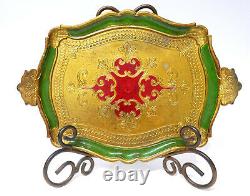Antique Italian Florentine Wooden Tole Serving Tray Hand Painted Gold Gilt