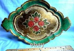 Antique Italian Florentine Wooden Tole Serving Tray Hand Painted Gold Gilt Italy