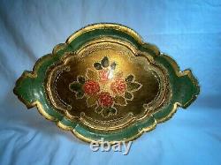 Antique Italian Florentine Wooden Tole Serving Tray Hand Painted Gold Gilt Italy