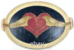 Antique Italy Florentine Wood Tole Serving Tray Hand Painted Heart Wings Nouveau