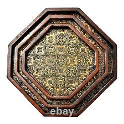 Antique Look 8 Corner Brass FTD Tray Set / 3 pcs Decorated Wooden Service Tray