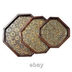 Antique Look 8 Corner Brass FTD Tray Set / 3 pcs Decorated Wooden Service Tray