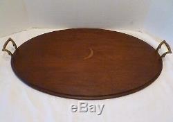 Antique MAHOGANY WOOD Butler's OVAL SERVING TRAY Inlay CRESCENT MOON Federal