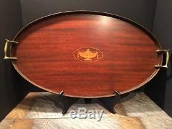 Antique Mahogany Inlaid Butler Oval Serving Tray Signed E. F. S. Maker 14x24