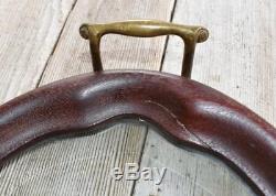 Antique Mahogany Oval Wooden Beveled Glass Serving Tray Brass Handles LARGE