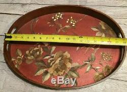 Antique Mahogany Wooden Ware Oval Serving Tray 2 Handles Tea Butlers Bird Fabric