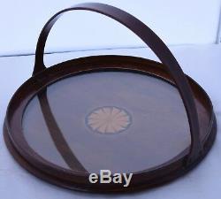 Antique Mahogany round Tray Inlaid Fan wood Handle butler serving unique vintage