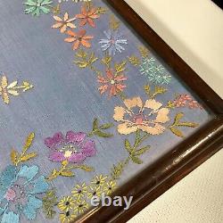 Antique Needlepoint Drink Serving Tray Tea Wood Brass Handles Victorian Floral