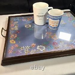 Antique Needlepoint Drink Serving Tray Tea Wood Brass Handles Victorian Floral