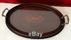 Antique OVAL 20 Federal Revival INLAID Mahogany BUTLER SERVING TRAY with Glass