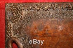 Antique Old Original Fine Hand Carved Wooden floral Rare Serving Tray